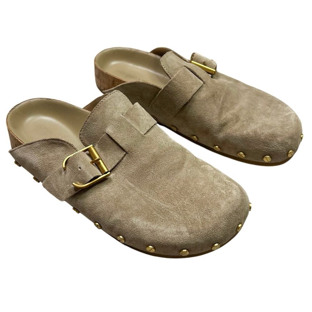 Veronica Beard | Fern Taupe Suede Studded Clog Mules Buckle Slides Shoes Size 7